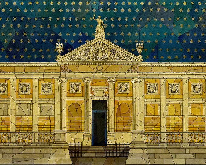 An illustration of the Ashmolean Museum under a starry sky