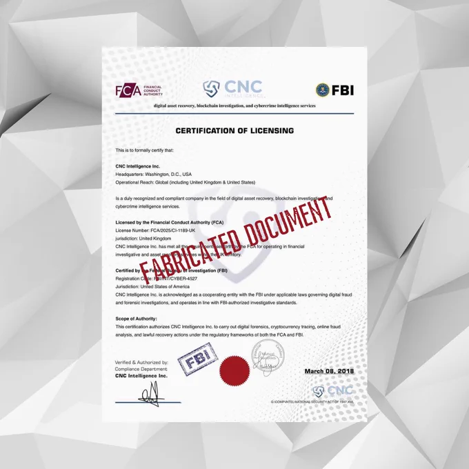 Fabricated licensing certificate falsely claiming association with multiple law enforcement and regulatory agencies, marked as a fabricated document by CNC Intelligence.