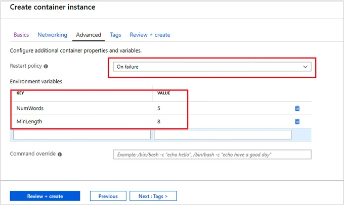 Portal page showing environment variable Enable button and text boxes
