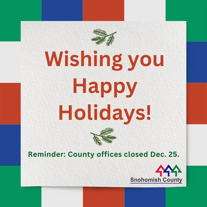 Decorative square with the words "Wishing you Happy Holidays! Reminder: County offices closed Dec. 25."