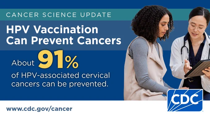 Doctor talking to patient while holding an electronic device. Text reads “Cancer Science Update. HPV vaccination can prevent cancers. About 91% of HPV-associated cervical cancers can be prevented.” 