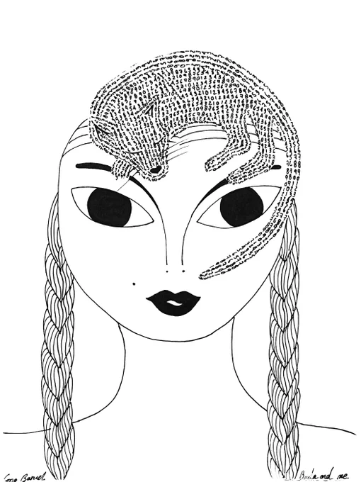 Surrealistic drawing of a woman with braids holding a cat in her head. The cat is made of probabilistic numbers. 