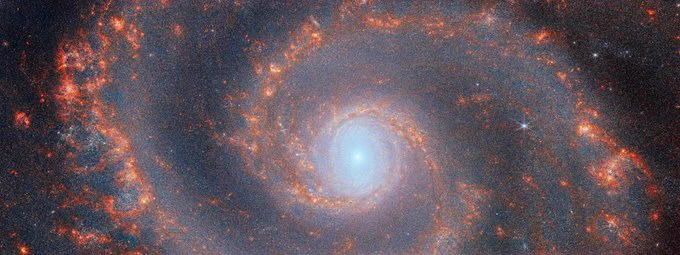 JWST NIRCam view of the nearby, grand-design “Whirlpool” spiral galaxy, M51, is only observable by a northern hemisphere telescope. Credit: ESA/Webb, NASA & CSA, A. Adamo (Stockholm University) and the FEAST JWST team.