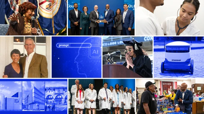 Collage of photos including Google announcement, commencement, food robots, building construction, and VHS white coat ceremony.