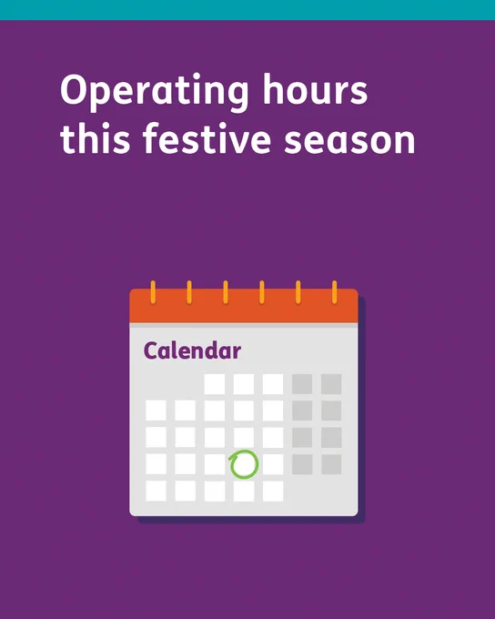 Graphic of a calendar with text 'Operating hours this festive season'.