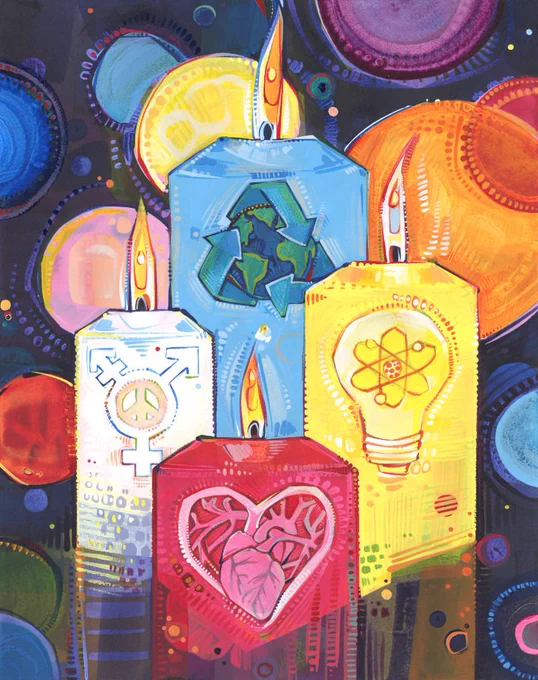A colourful, symbolic illustration showing five glowing candles against a dark, patterned background. Each candle features a different icon: a heart, a peace and gender-diversity symbol, a recycling symbol around the Earth, an atomic symbol inside a lightbulb, and abstract circles suggesting science and planets—evoking themes of solidarity, inclusion, sustainability, care, and knowledge.
