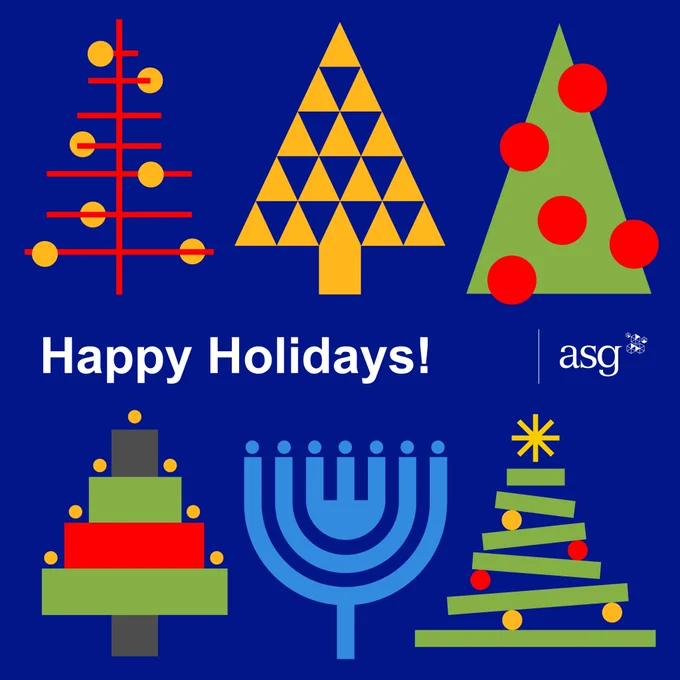 Happy Holidays! with five trees and one large menorah. Clockwise from the top-left: a tree represented as straight red lines with yellow balls; a tree represented as blue inverted triangles on a yellow triangular tree with a rectangular trunk; a tree represented as a simple green triangle with red circles on it; a tree represented by angled rectangles stacked with red and yellow circles in a triangular shape with a yellow star at the top; a blue, curving menorah with blue circles as the lights; and a rectangular tree with yellow circular lights in red, green, and black.