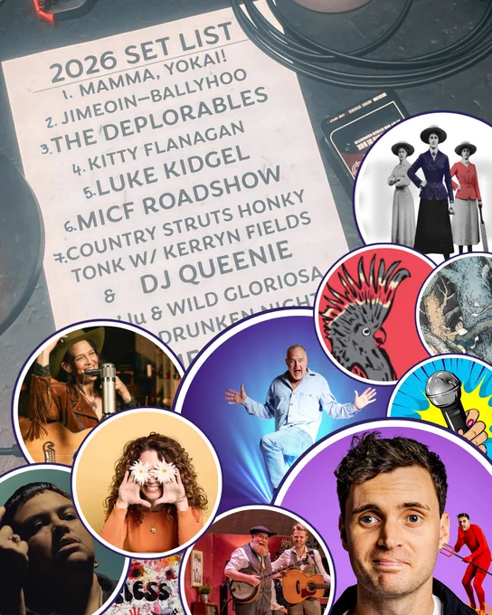 Collage of different artists and a photo featuring a set list.