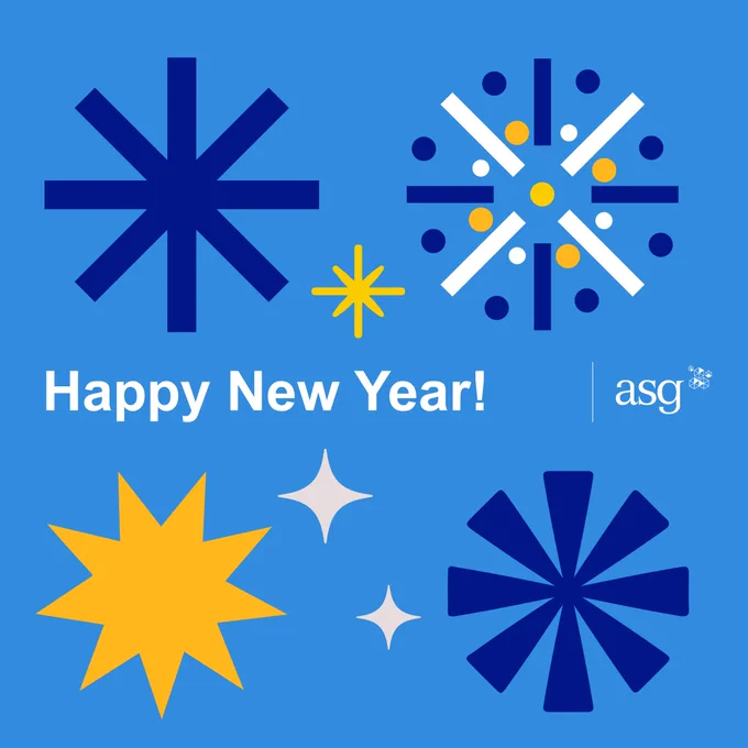 Happy New Year! Four snowflakes on a light blue background with smaller stars. Clockwise from top-left: a solid blue asterisk snowflake with straight arms; a complex yellow. white, and blue snowflake made of bars and circles; a solid blue asterisk snowflake with flared arms; and a yellow starburst snowflake.