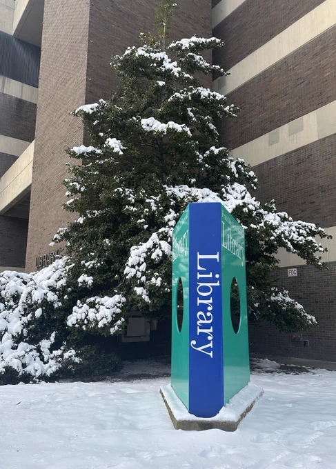 Snow covered tree with a library sign.