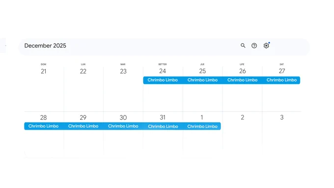 A digital calendar view for December 2025 showing a continuous blue event labeled "Chrimbo Limbo" spanning from Wednesday, December 24th through Thursday, January 1st.