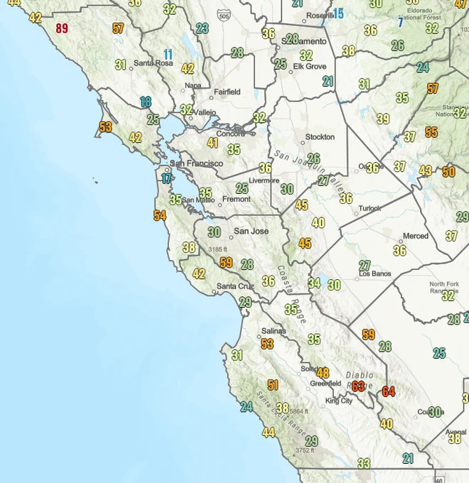 Maximum wind gusts across the Bay Area and Central Coast as of midnight. Wind gusts range from 25 to 35 miles per hour in the sheltered inland valleys to 45 to 65 miles per hours along the coast and in the higher elevations. The strongest gust report comes from the Oak Ridge RAWS station in northwestern Sonoma County, where wind gusts reached 89 miles per hour.