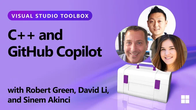 spot art.
Photo of presenter(s).
text reads: Visual Studio Toolbox
C   and GitHub Copilot