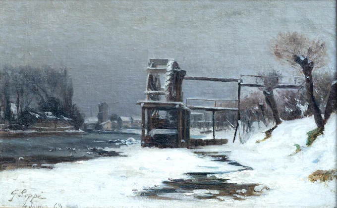 Légende visuel
Genève, Lieudit la Jonction, puiserande du moulin de Sous-Terre
4 janvier 1869
Huile sur carton
Collection particulière
📷 Pascal Tournaire
