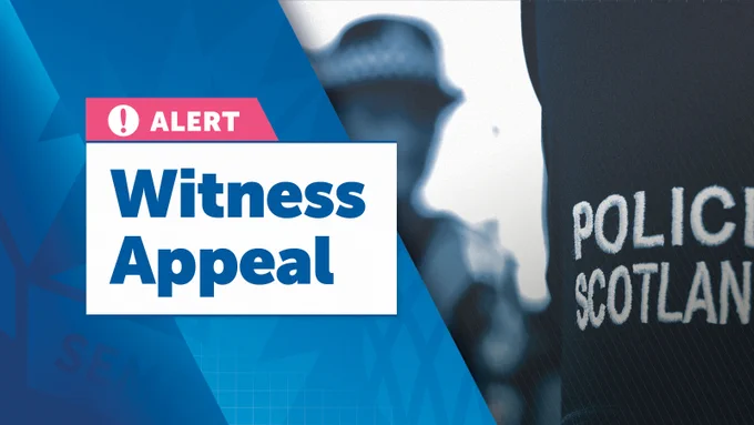 On the left side, a pink and white box with a warning icon and the word "ALERT" is prominently shown. Below this, a large white box contains the text "Witness Appeal" in bold blue letters. The right side of the image features a blue-tinted, slightly blurred photograph of a police officer with the text "POLICE SCOTLAND" visible on their uniform, indicating that the appeal is related to an investigation by the service.