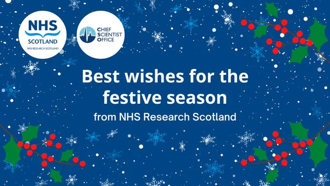 Festive greeting card from NHS Research Scotland and the Chief Scientist Office featuring snowflakes, holly berries, and the message 'Best wishes for the festive season' on a blue background.