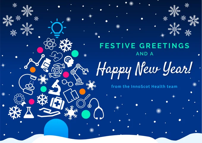 Illustration featuring festive greetings for a Happy New Year from the InnoScot Health team, with various holiday and winter icons like snowflakes, a snowman, and gifts depicted against a dark blue starry background.