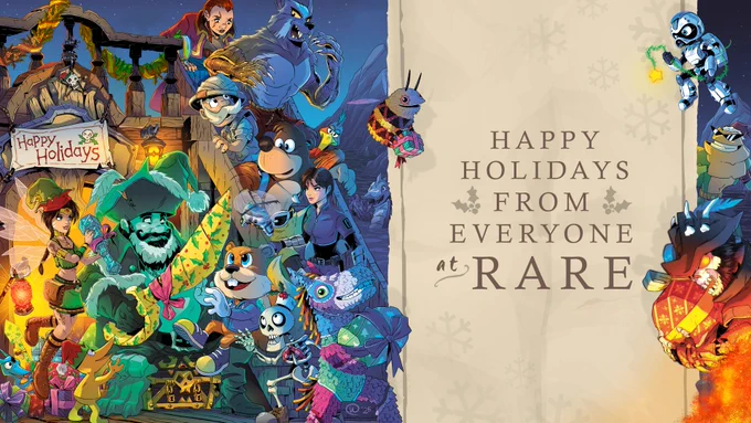 A scene on a ship at night time, where a number of Rare characters, including Banjo the bear, Conker the squirrel, Kameo, Joanna Dark, Sabrewulf and many more, surround the Pirate Lord Ramsey as he holds a present that looks rather like a sword.