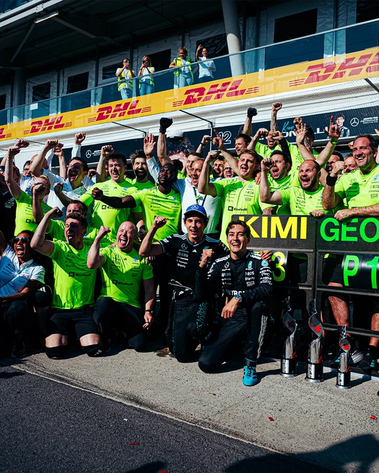 George Russell and Kimi Antonelli celebrate the race win in Canada
