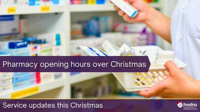 Close-up of a person in a pharmacy holding a basket of medicines while selecting items from a shelf. Text on the image reads ‘Pharmacy opening hours over Christmas,’ with a banner at the bottom saying ‘Service updates this Christmas,’ alongside the Reading Borough Council logo.
