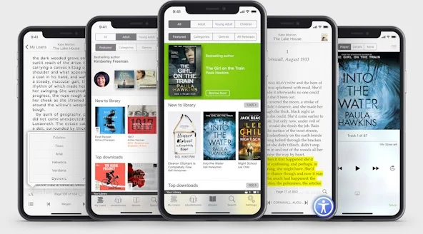image of five smartphones displaying the borrowbox app 