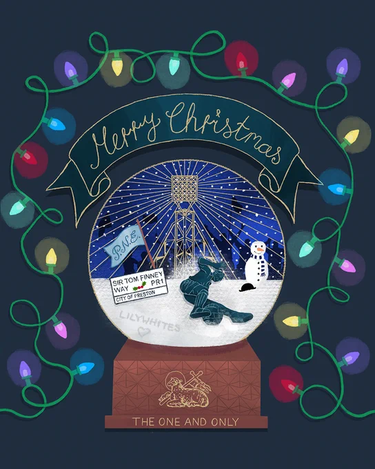 An illustration of a snow globe stood on a wooden stand with the PNE lamb and 'THE ONE AND ONLY' inscribed onto it. Within the snow globe is a Deepdale floodlight, a snowman, a PNE flag, a sign for Sir Tom Finney Way, the Sir Tom Finney 'splash' statue - all with a wintry setting. The snow globe is also surrounded by Christmas tree lights.