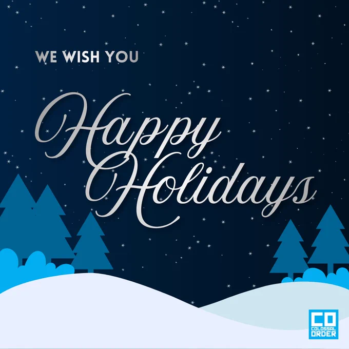 A simple graphic of a snowy landscape with a starry night and the text We wish you happy holidays.
