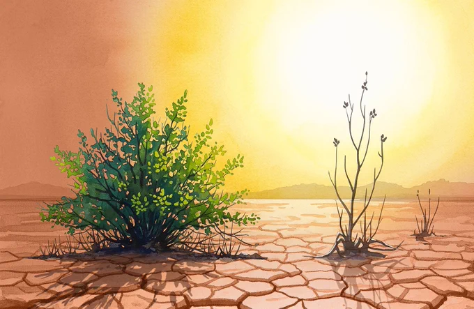 A shrub covered in green foliage grows next to a dead, withered shrub in a parched desert landscape under a scorching sun.