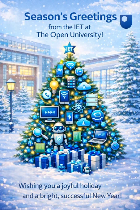 A christmas tree with eduational technology-related decorations such as laptops, mobiles and wifi/cloud signs. Season's geetings from IET at The Open University. WIshing you a joyful holday and a bright, successful new year!