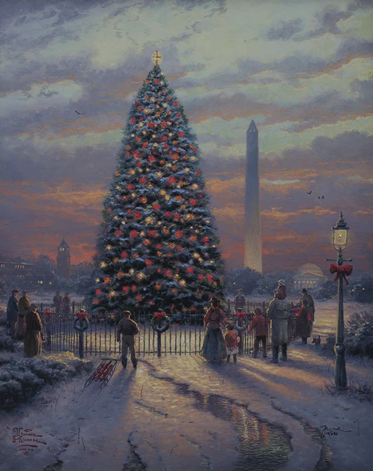 Limited edition print showing the National Christmas Tree with glowing lights in a snowy park at dusk, with people gathered around. The Washington Monument is in the distance.