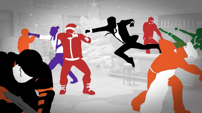 Fights in Tight Spaces Christmas card. A bar fight has broken out in the bar level with a christmas tree in the foreground. Agent 11 is punching someone pretending to be Santa Claus.