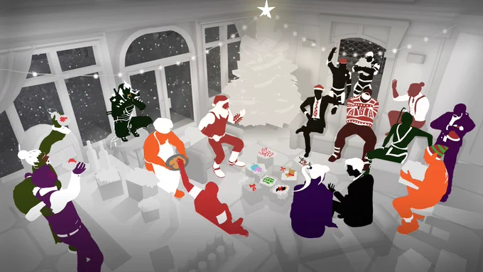 Fights in Tight Spaces Christmas card.  The player characters and enemies are all gathered in a social occasion amongst open gifts and treats.