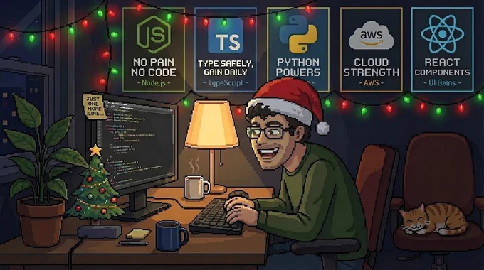 Ilustración estilo pixel art de un programador con pelo rizado y gafas, llevando un gorro de Santa, trabajando en su escritorio de noche. La escena está decorada con luces de Navidad y un pequeño árbol. En la pared cuelgan cinco pósters de pixel art sobre tecnologías: Node.js, TypeScript, Python, AWS y React. Un gato duerme en una silla.