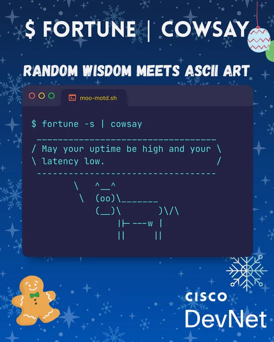 Terminal showing cowsay ASCII cow saying 'May your uptime be high and your latency low'