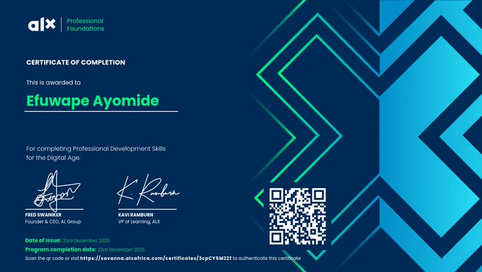 Efuwape Ayomide Oreoluwa Certificate for completing the ALX Professional Foundations in 2025 December 