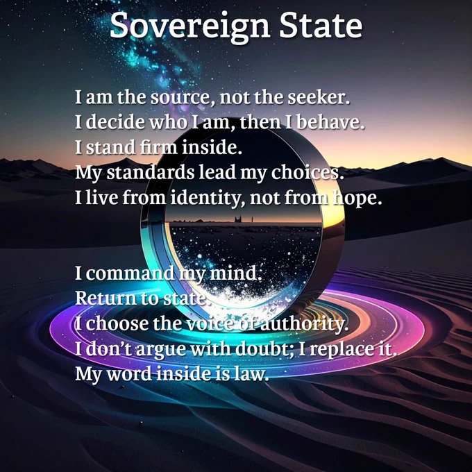 Sovereign State
I am the source, not the seeker.
I decide who I am, then I behave.
I stand firm inside.
My standards lead my choices.
I live from identity, not from hope.

I command my mind.
Return to state.
I choose the voice of authority.
I don’t argue with doubt; I replace it.
My word inside is law.
