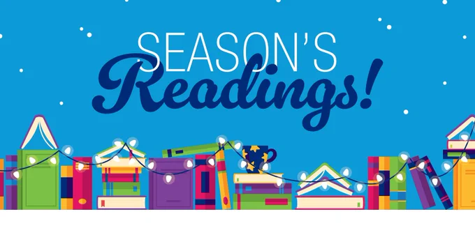 Illustration of a holiday-themed banner reading "Season's Readings!" with colorful books, string lights, and gift boxes set against a blue background.