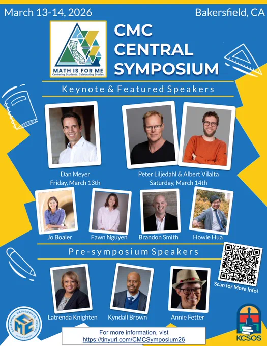 Join us in Bakersfield for the famous CMC-Central Symposium on March 13 & 14, 2026.  Game Night will be epic this year. 

Information & registration:  https://web.cvent.com/event/64508313-27b3-4253-9cce-f00f664d7d3b/summary

@cmcmath.bsky.social  @CAMathCouncil  #iTeachMath