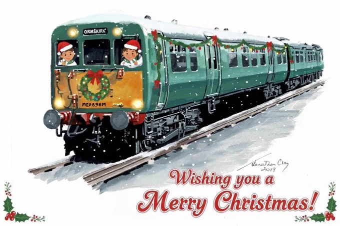 Illustration of the 502 in green livery with Christmas decorations, people wearing Santa hats in the cab. Text reads “Wishing you a Merry Christmas!”