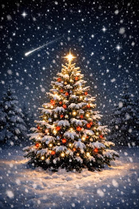 Kerstboom in de sneeuw met daar bovenop een kerstster en in de lucht een vallende ster om een wens te doen.