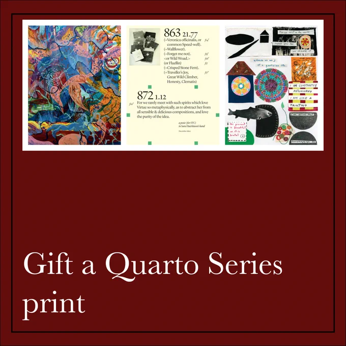 The post is a dark maroon, with a thin black border near the edge of the post. Towards the top is an image showing a set of three art prints. White text on the bottom reads: Gift a Quarto Series print