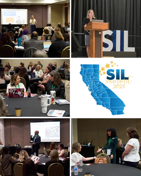 Collage of photos from SIL Summit 2025 showing educators and leaders engaged in conference sessions. Presenters speak at podiums and in front of projected slides, while attendees sit at round tables, take notes, use laptops, and participate in discussions. One panel shows a California map graphic labeled “SIL Summit 2025,” highlighting statewide collaboration and professional learning.
