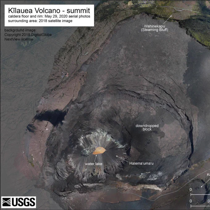 Aerial photos of the caldera of Kilauea in Hawaii in 2020. The caldera grew significantly in 2018 to a diameter of 2.93 mi (4.72 km), and concentric fractures from the collapse are still visible in the caldera floor. Background image courtesy of Maxar Technologies under the NextView license.