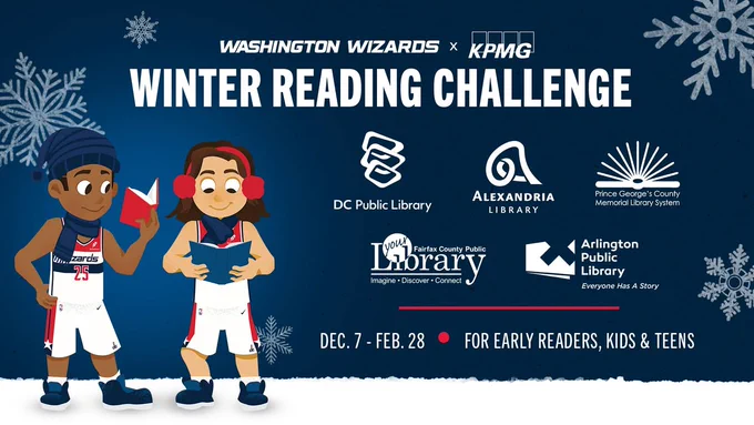 Promotional image for the Washington Wizards Winter Reading Challenge, featuring two animated characters holding books with logos of DC Public Library, Alexandria Library, Prince George's County Memorial Library System, Fairfax County Public Library, and Arlington Library. The event runs from December 7 to February 28, targeting early readers, kids, and teens.
