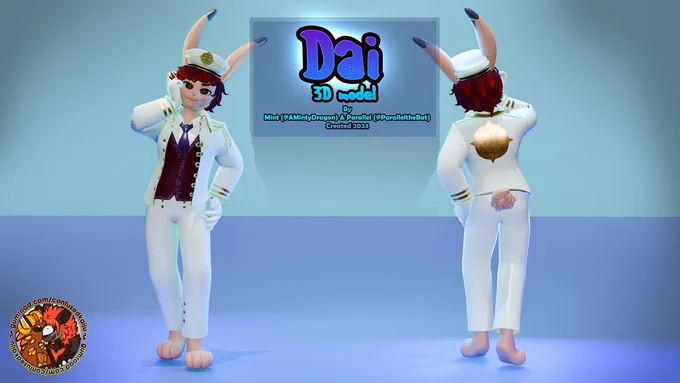 A 3D model of Dai, an anime-style anthro rabbit wearing a formal purple vest, white pants and white overcoat, and a hat with a golden emblem.