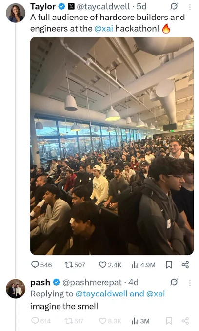 A screenshot of a tweet by Taylor with a photo of an xai hackathon. Under the photo, Pash comments, "imagine the smell."