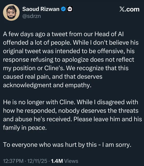 Verified user’s long apology thread about a former Head of AI, stating he’s no longer with the company and asking for peace for him and his family.