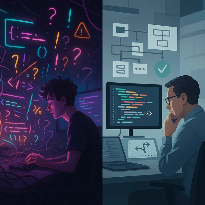 Split-screen illustration comparing two coding approaches. Left side shows a chaotic workspace with neon colors, floating code fragments, tangled wires, and a developer coding instinctively amid visual noise and confusion. Right side shows a calm, structured environment with clean lighting, modular code blocks, architecture diagrams, passing tests, and version control symbols, where a developer thoughtfully reviews AI-generated code. The contrast emphasizes chaos versus reproducibility, intuition versus engineering discipline, and the importance of human oversight.