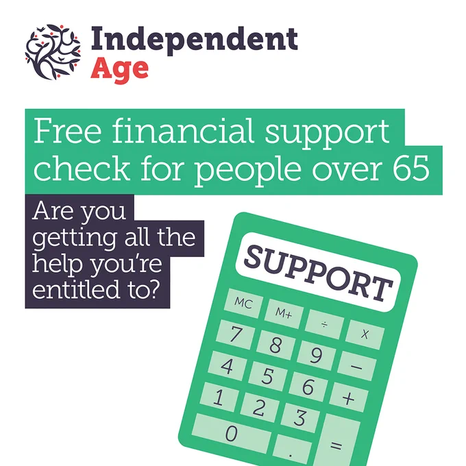 A calculator illustration has the word 'support' written in capitals on the answer screen. Text reads: Free financial support check for people over 65. Are you getting all the help you're entitled to?