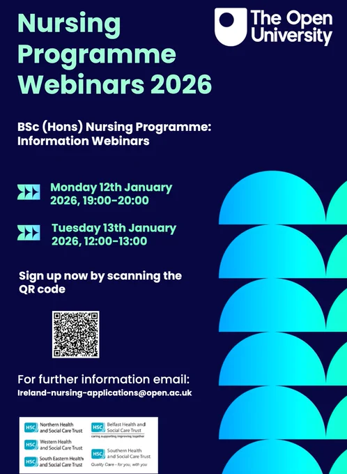 Promotional poster for upcoming Nursing Webinars  scheduled for Monday 12th January from 13:00 to 19:00 and Tuesday 13th January from 12:00 to 13:00. Features a QR code for signing up, and logos of healthcare organisations.